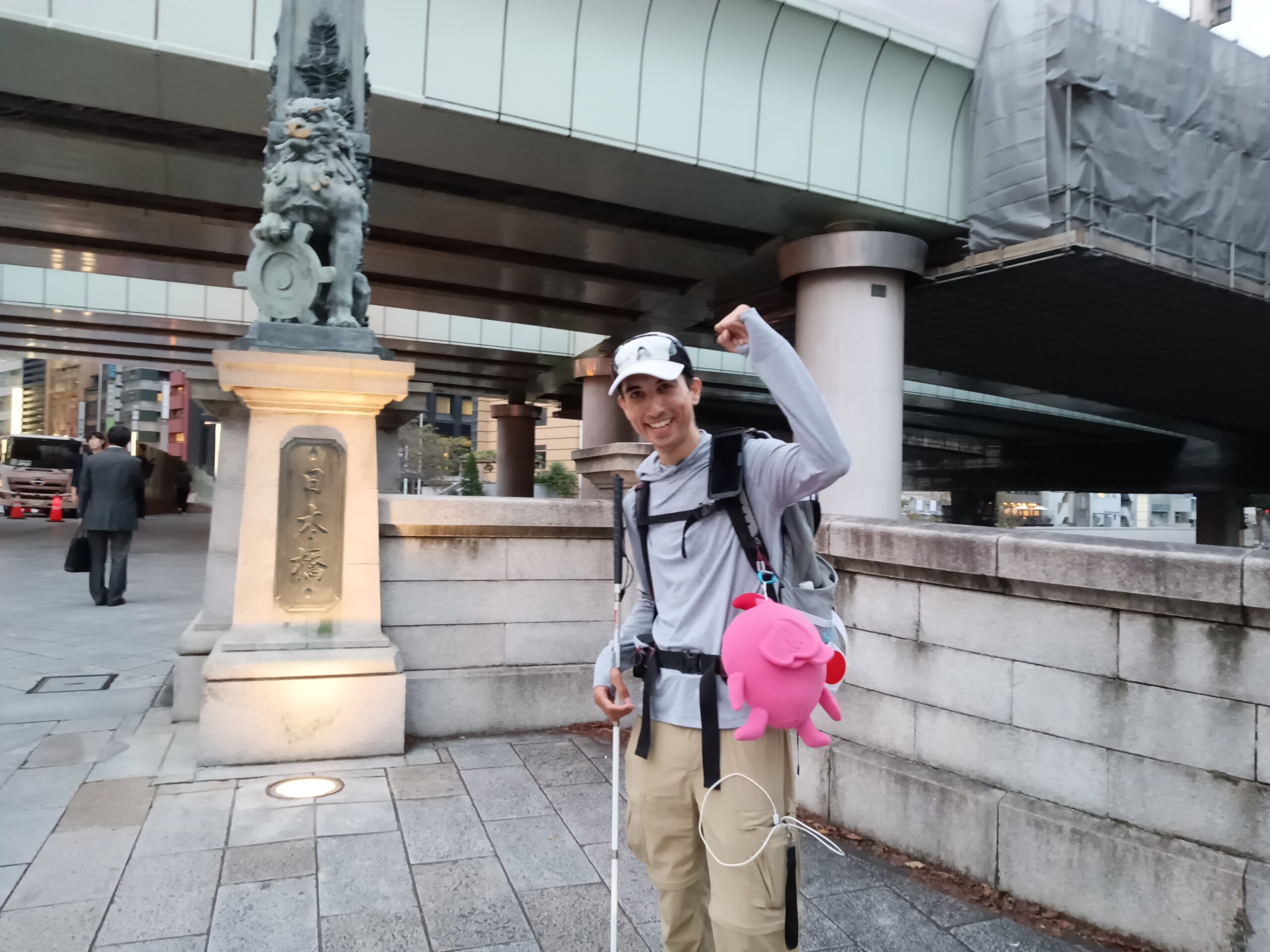 Tony Dot Vega at Nihonbashi in Tokyo on day 29 of the Tokaido Challenge. Taken on October 19 after walking 500 km from Kyoto to Tokyo along the Tokaido Road.