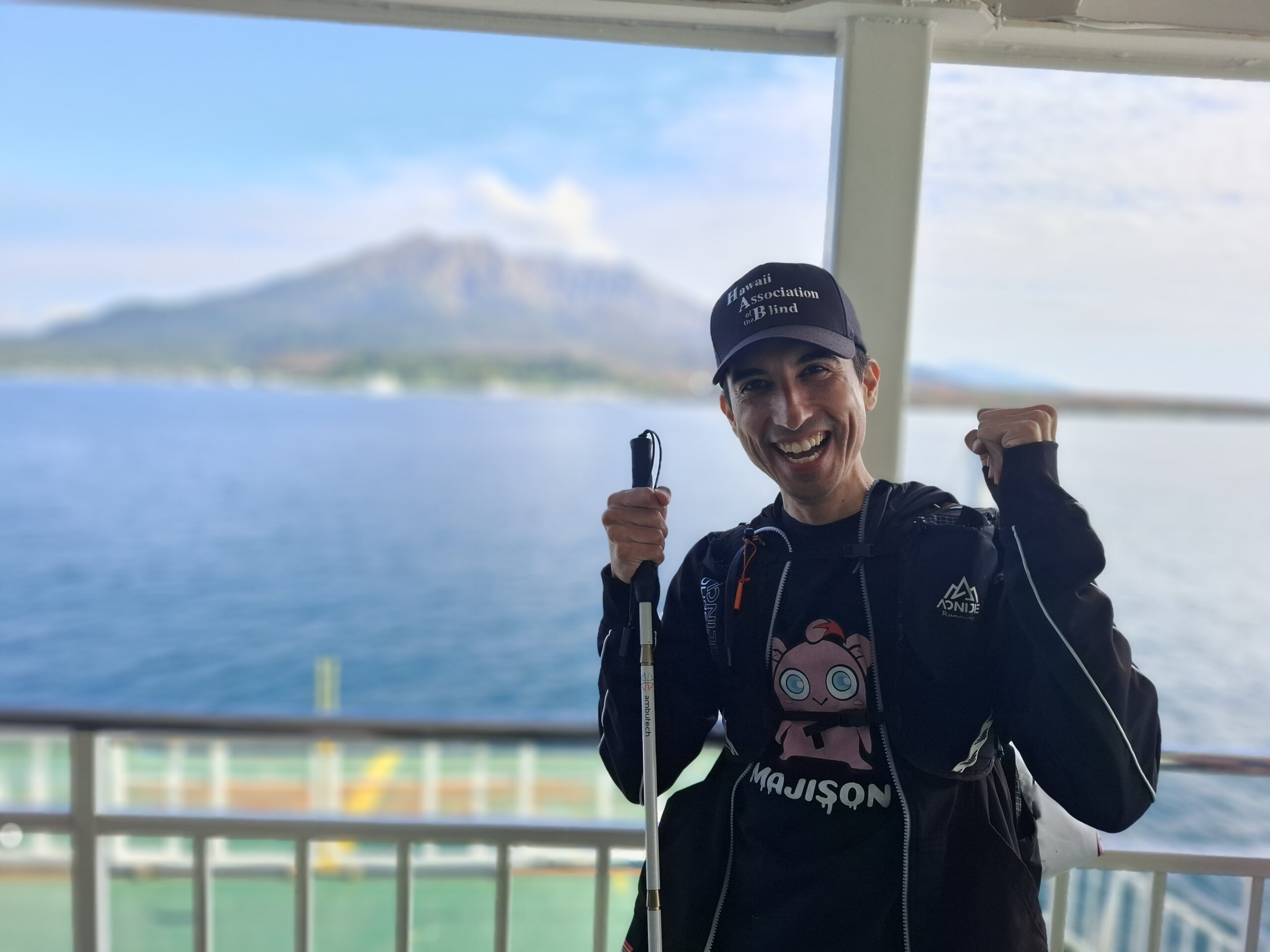 Tony R. Vega on the ferry heading to Sakurajima on day 30 of the Kyushu Challenge